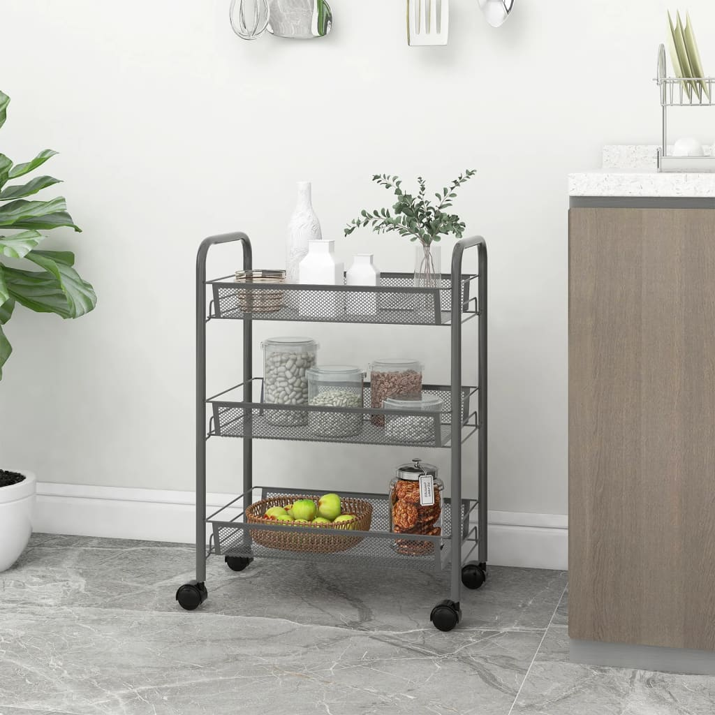 vidaXL 3-Tier Kitchen Trolley Grey - Durable Iron Cart with Removable Baskets & Lockable Wheels (46x26x64 cm) - BEYRUN