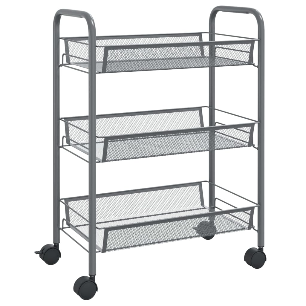 vidaXL 3-Tier Kitchen Trolley Grey - Durable Iron Cart with Removable Baskets & Lockable Wheels (46x26x64 cm) - BEYRUN