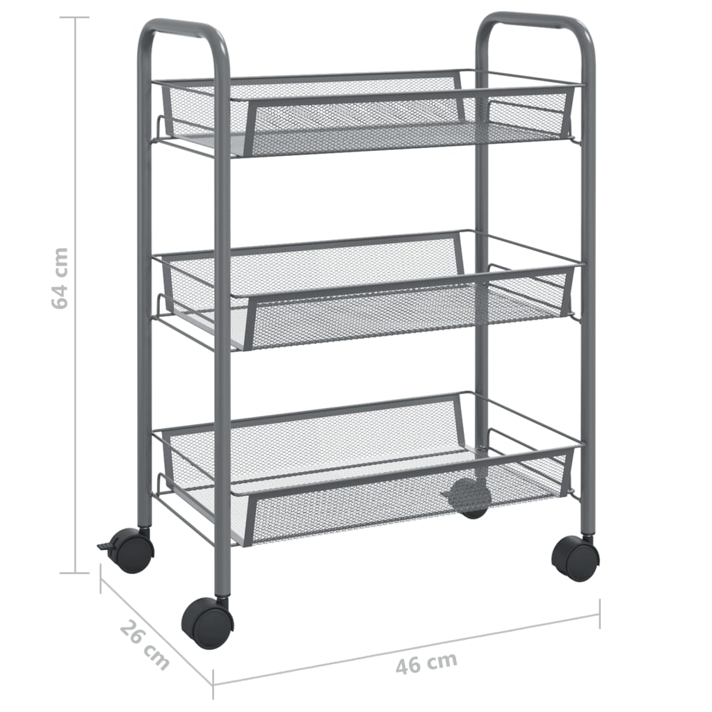 vidaXL 3-Tier Kitchen Trolley Grey - Durable Iron Cart with Removable Baskets & Lockable Wheels (46x26x64 cm) - BEYRUN