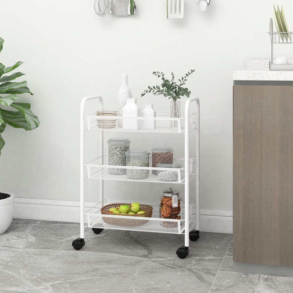 vidaXL 3-Tier Kitchen Trolley - Sleek White, Sturdy Iron Construction, Mobile Storage Solution - BEYRUN