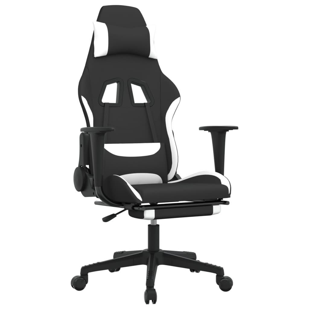 vidaXL Swivel Gaming Chair with Footrest - Black & White Fabric, Massage Waist Pillow, Adjustable Height - BEYRUN