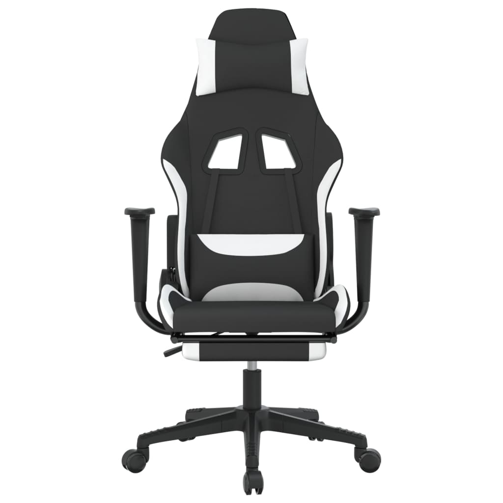 vidaXL Swivel Gaming Chair with Footrest - Black & White Fabric, Massage Waist Pillow, Adjustable Height - BEYRUN