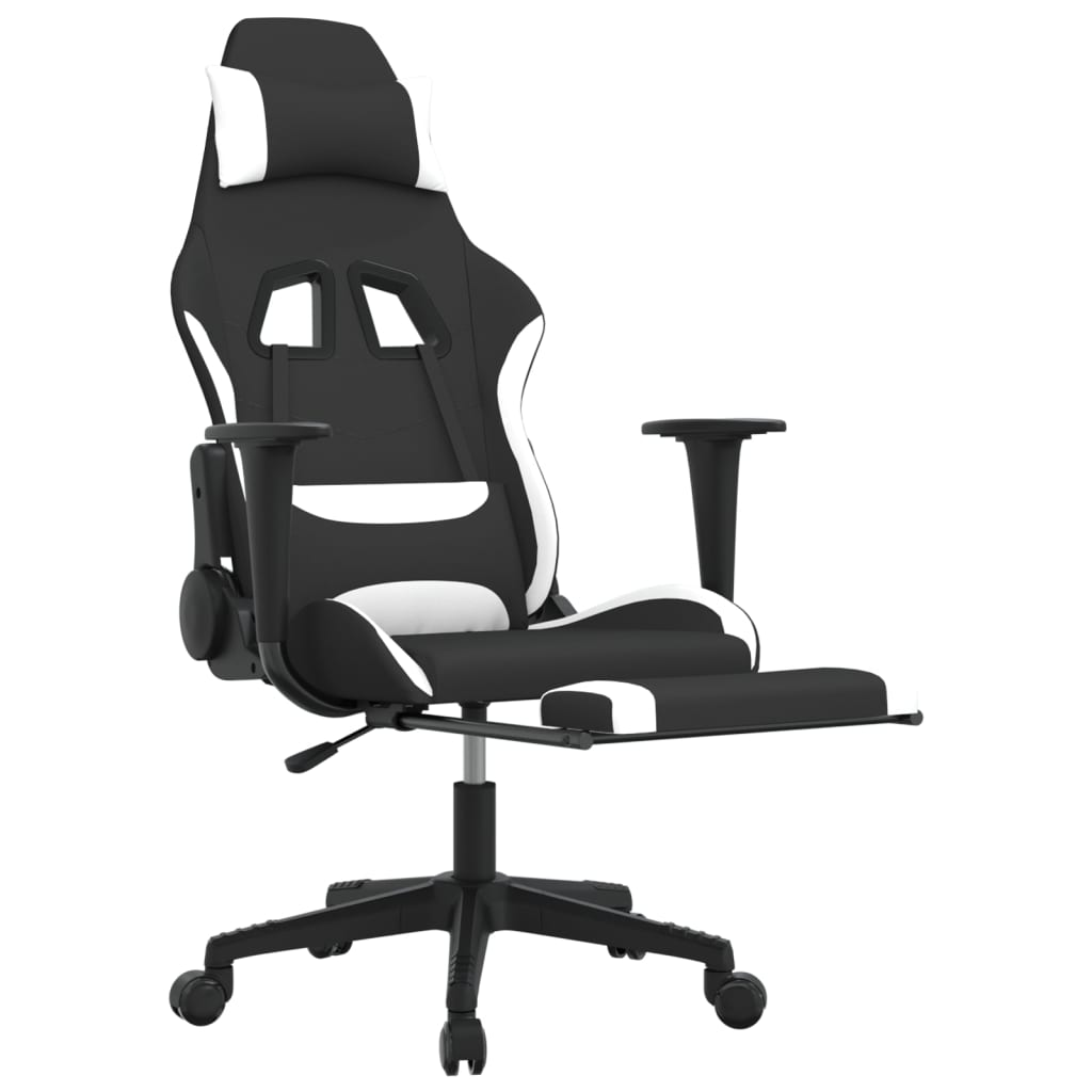 vidaXL Swivel Gaming Chair with Footrest - Black & White Fabric, Massage Waist Pillow, Adjustable Height - BEYRUN