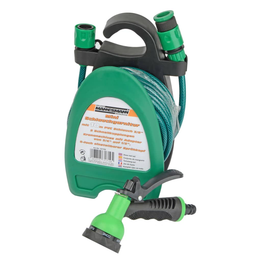 Brüder Mannesmann 10m Mini Garden Hose Set - Durable PVC Hose, Adjustable Spray Gun & Quick Couplings for Small Gardens & Balconies - BEYRUN