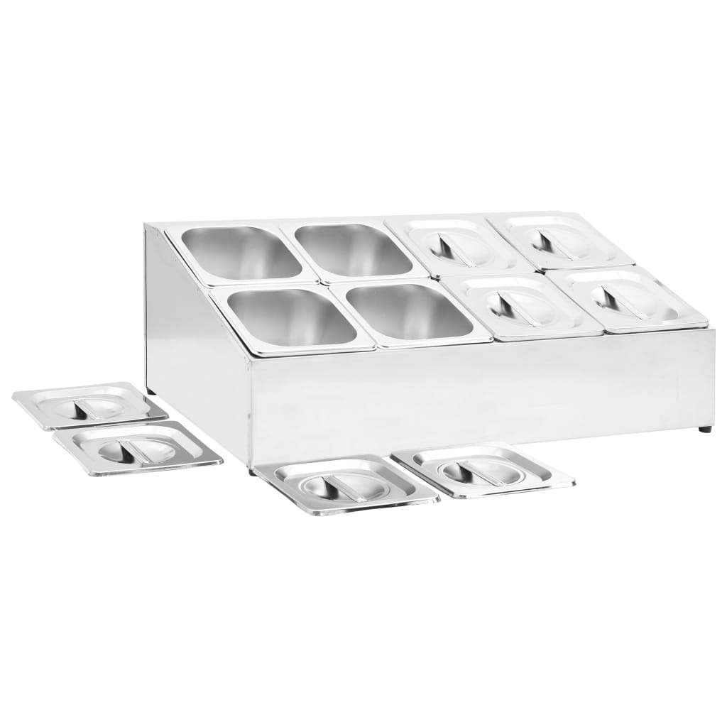 vidaXL Stainless Steel Gastronorm Container Holder with 8 GN 1/6 Pans - Perfect for Restaurants, Hotels, and Parties - BEYRUN