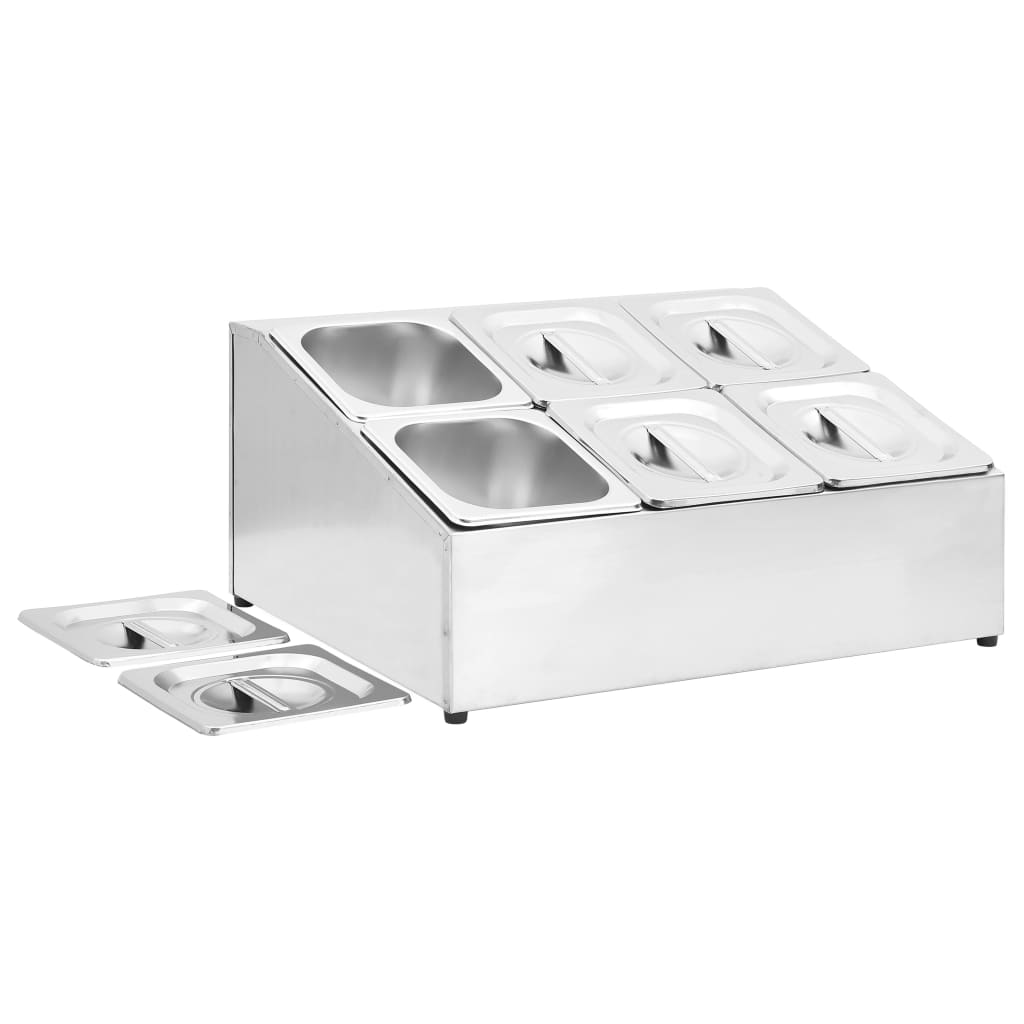 vidaXL Stainless Steel Gastronorm Container Holder with 6 GN 1/6 Pans & Lids - Ideal for Kitchens & Buffets - BEYRUN