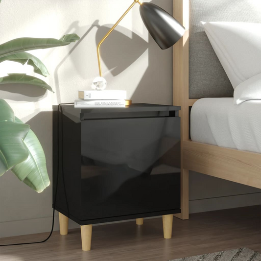 vidaXL Bed Cabinet with Solid Wood Legs High Gloss Black - 40x30x50cm | Elegant Scandinavian Style Nightstand - BEYRUN