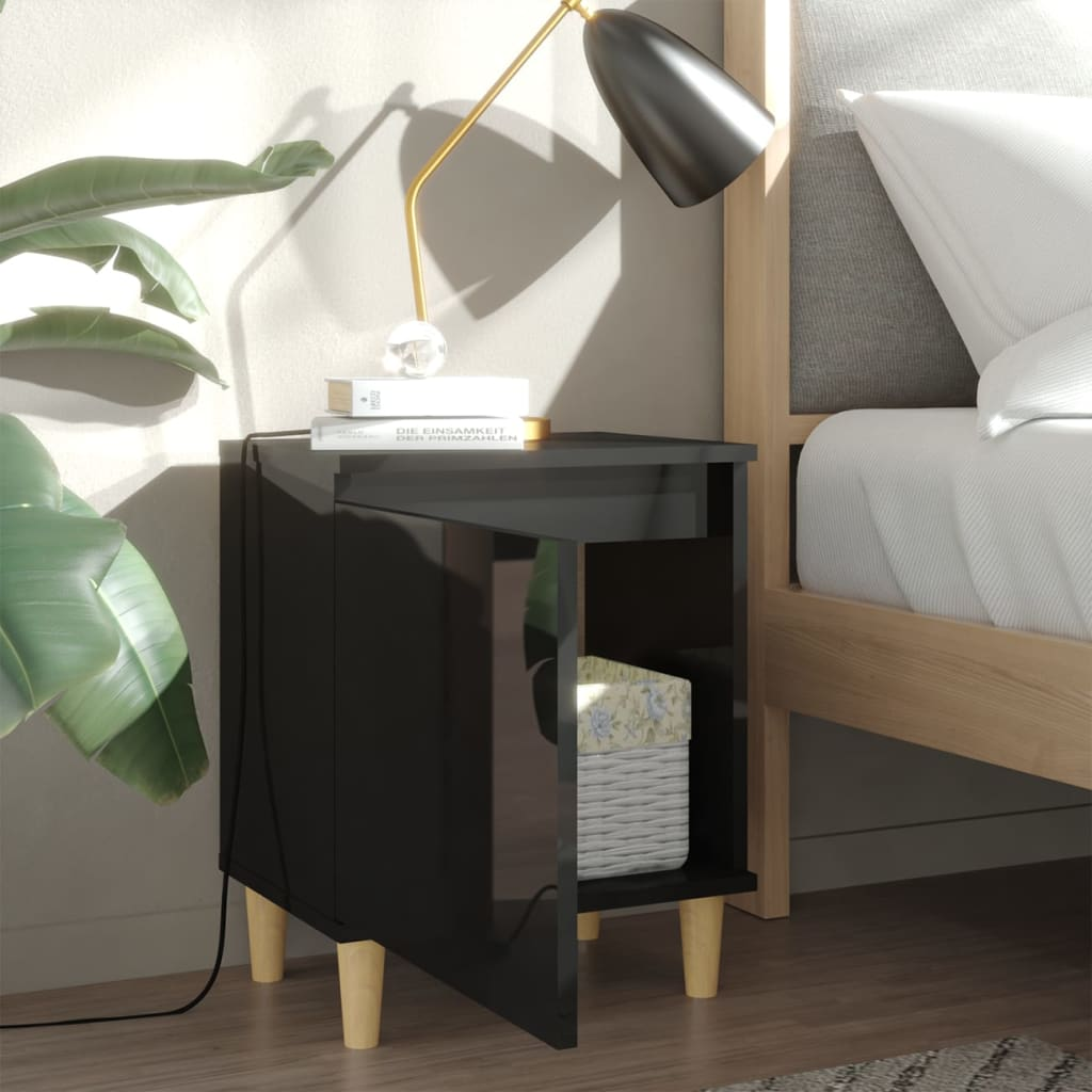 vidaXL Bed Cabinet with Solid Wood Legs High Gloss Black - 40x30x50cm | Elegant Scandinavian Style Nightstand - BEYRUN