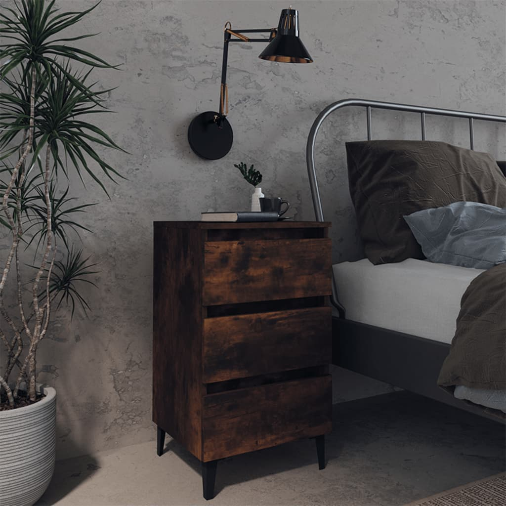 vidaXL Industrial Bed Cabinet with Metal Legs in Smoked Oak - 40x35x69 cm, 3 Drawer Nightstand - BEYRUN