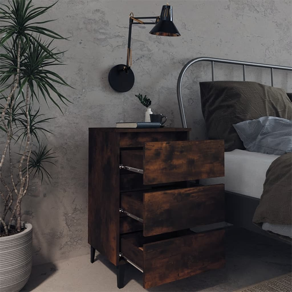 vidaXL Industrial Bed Cabinet with Metal Legs in Smoked Oak - 40x35x69 cm, 3 Drawer Nightstand - BEYRUN