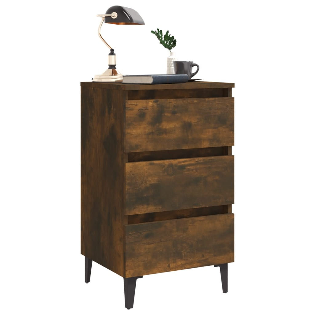 vidaXL Industrial Bed Cabinet with Metal Legs in Smoked Oak - 40x35x69 cm, 3 Drawer Nightstand - BEYRUN