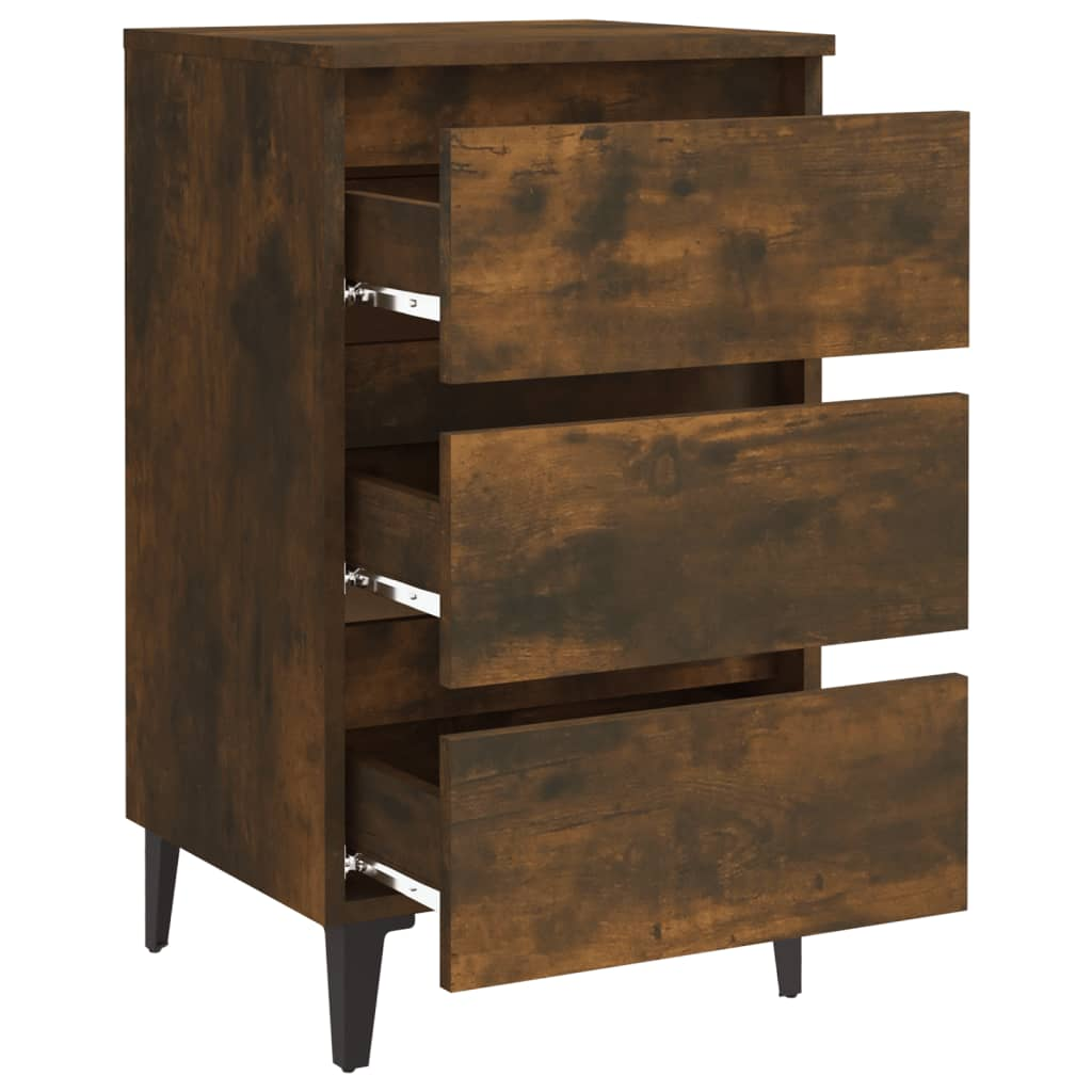 vidaXL Industrial Bed Cabinet with Metal Legs in Smoked Oak - 40x35x69 cm, 3 Drawer Nightstand - BEYRUN