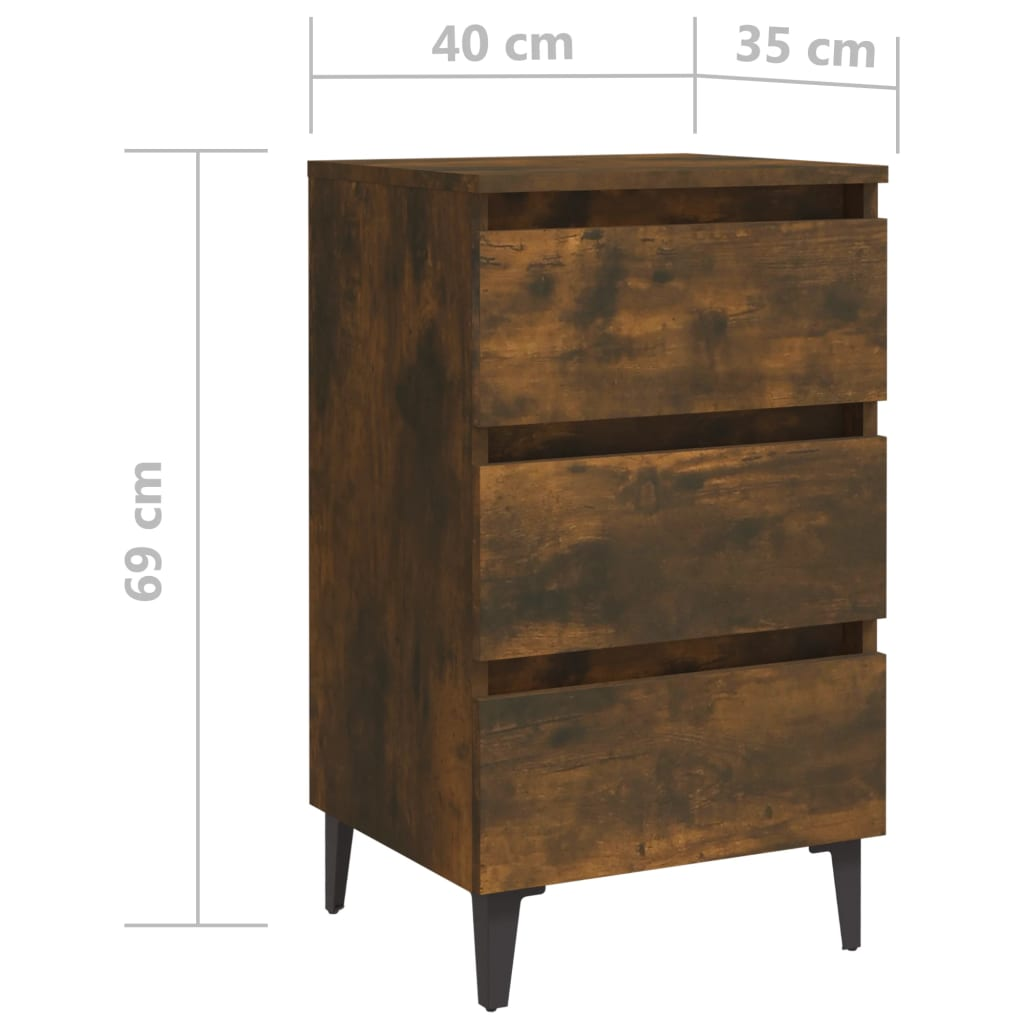 vidaXL Industrial Bed Cabinet with Metal Legs in Smoked Oak - 40x35x69 cm, 3 Drawer Nightstand - BEYRUN