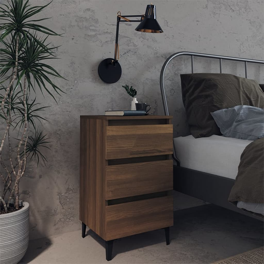 vidaXL Bed Cabinet with Metal Legs - Brown Oak, 40x35x69 cm - Modern Industrial Nightstand - BEYRUN