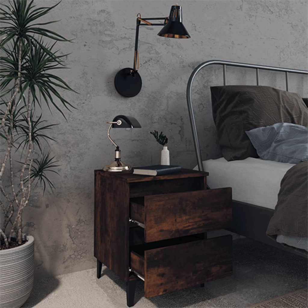 vidaXL Bed Cabinet with Metal Legs in Smoked Oak - 40x35x50 cm | Stylish & Practical Nightstand - BEYRUN