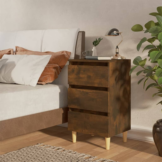 vidaXL Bed Cabinet with Solid Wood Legs in Smoked Oak | 40x35x69 cm | Elegant Nightstand with Storage - BEYRUN