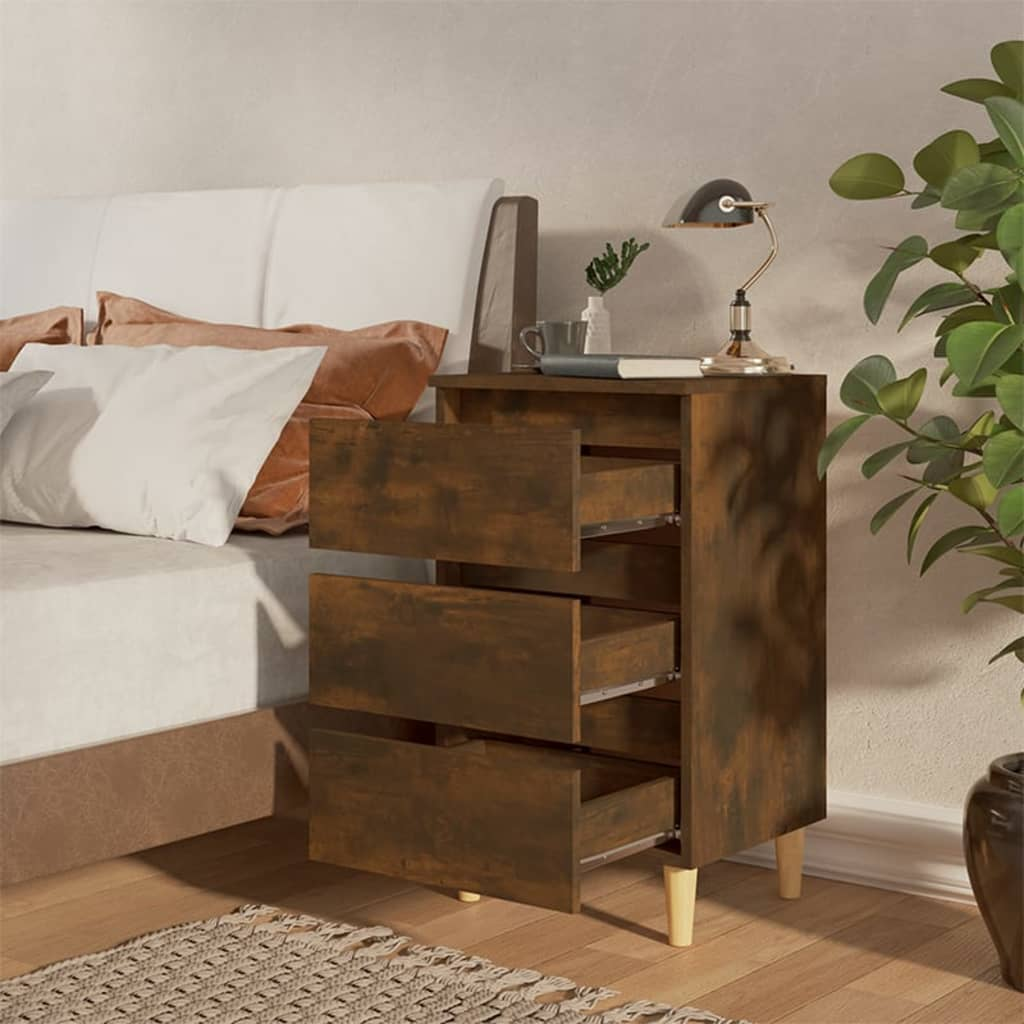 vidaXL Bed Cabinet with Solid Wood Legs in Smoked Oak | 40x35x69 cm | Elegant Nightstand with Storage - BEYRUN