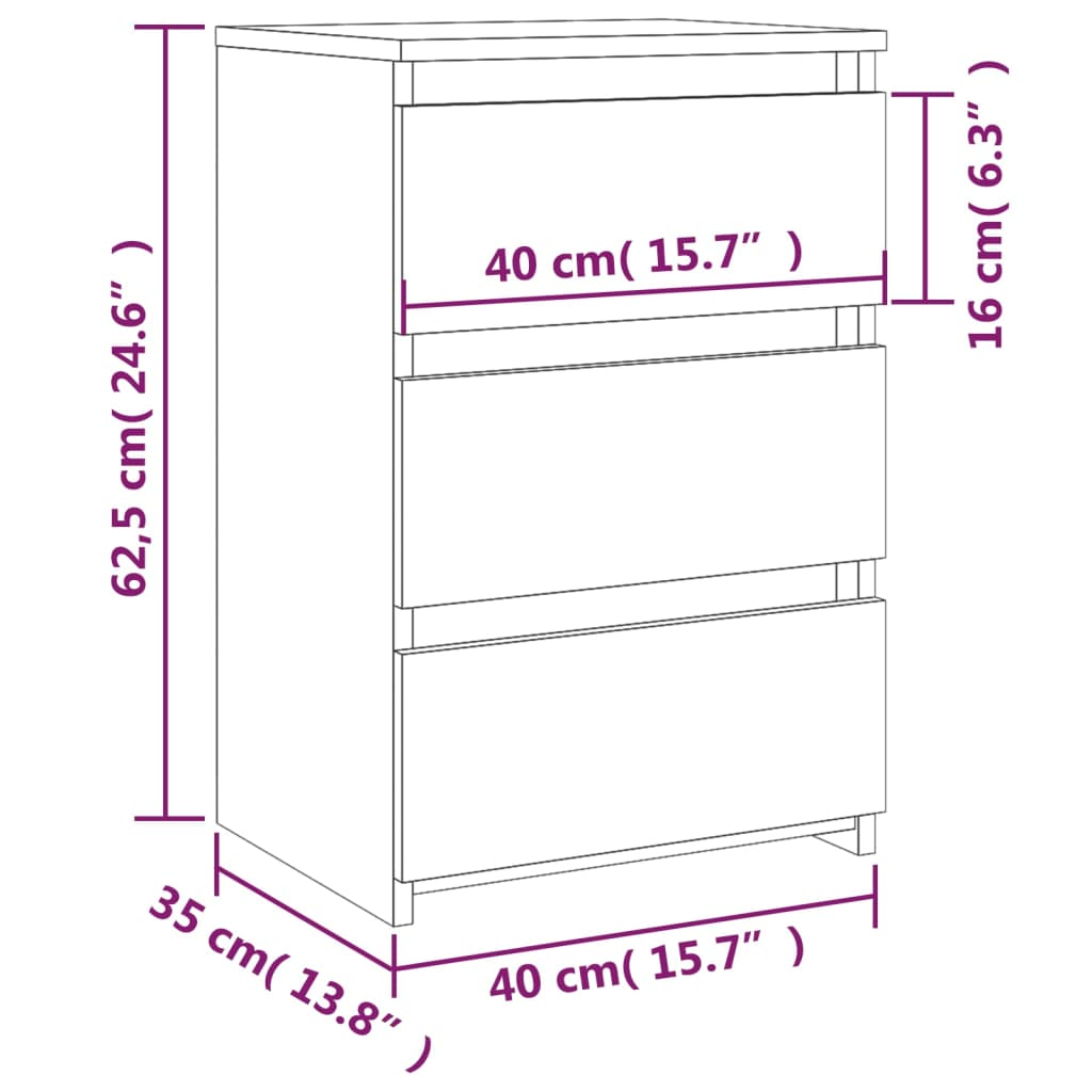 vidaXL Grey Sonoma Bed Cabinet | 3-Drawer Nightstand | 40x35x62.5 cm Engineered Wood - BEYRUN