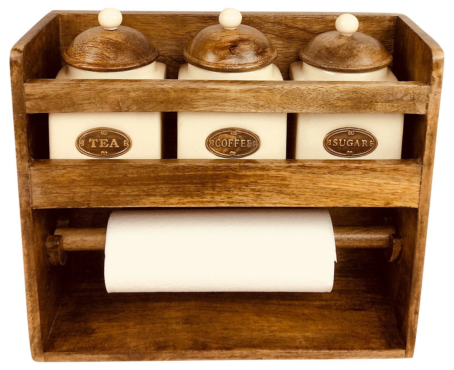 Elegant Wooden Kitchen Roll Holder with 3 Airtight Ceramic Jars - TEA, COFFEE & SUGAR | Stylish & Functional Kitchen Organizer - BEYRUN