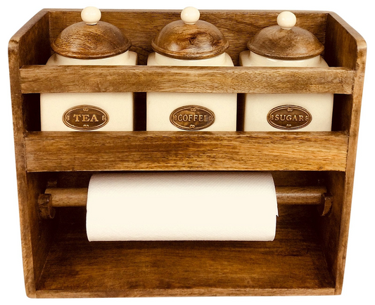 Elegant Wooden Kitchen Roll Holder with 3 Airtight Ceramic Jars - TEA, COFFEE & SUGAR | Stylish & Functional Kitchen Organizer - BEYRUN