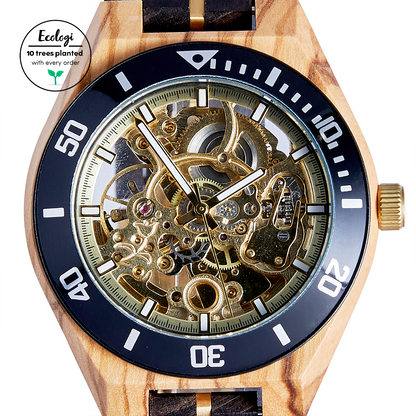 The Rosewood: Luxurious Handmade Wood Watch for Men - Eco-Friendly Chacate Preto & Olive Wood with Gold Mechanical Movement - BEYRUN