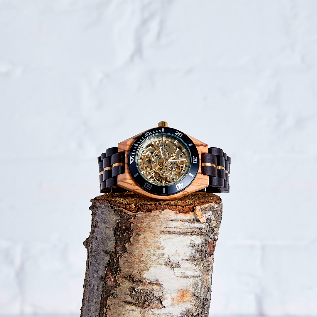 The Rosewood: Luxurious Handmade Wood Watch for Men - Eco-Friendly Chacate Preto & Olive Wood with Gold Mechanical Movement - BEYRUN