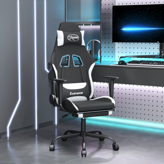 vidaXL Ergonomic Gaming Chair with Footrest – Black and White Fabric, Adjustable Recline, 360-degree Swivel - BEYRUN