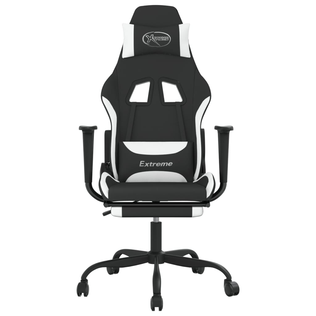 vidaXL Ergonomic Gaming Chair with Footrest – Black and White Fabric, Adjustable Recline, 360-degree Swivel - BEYRUN