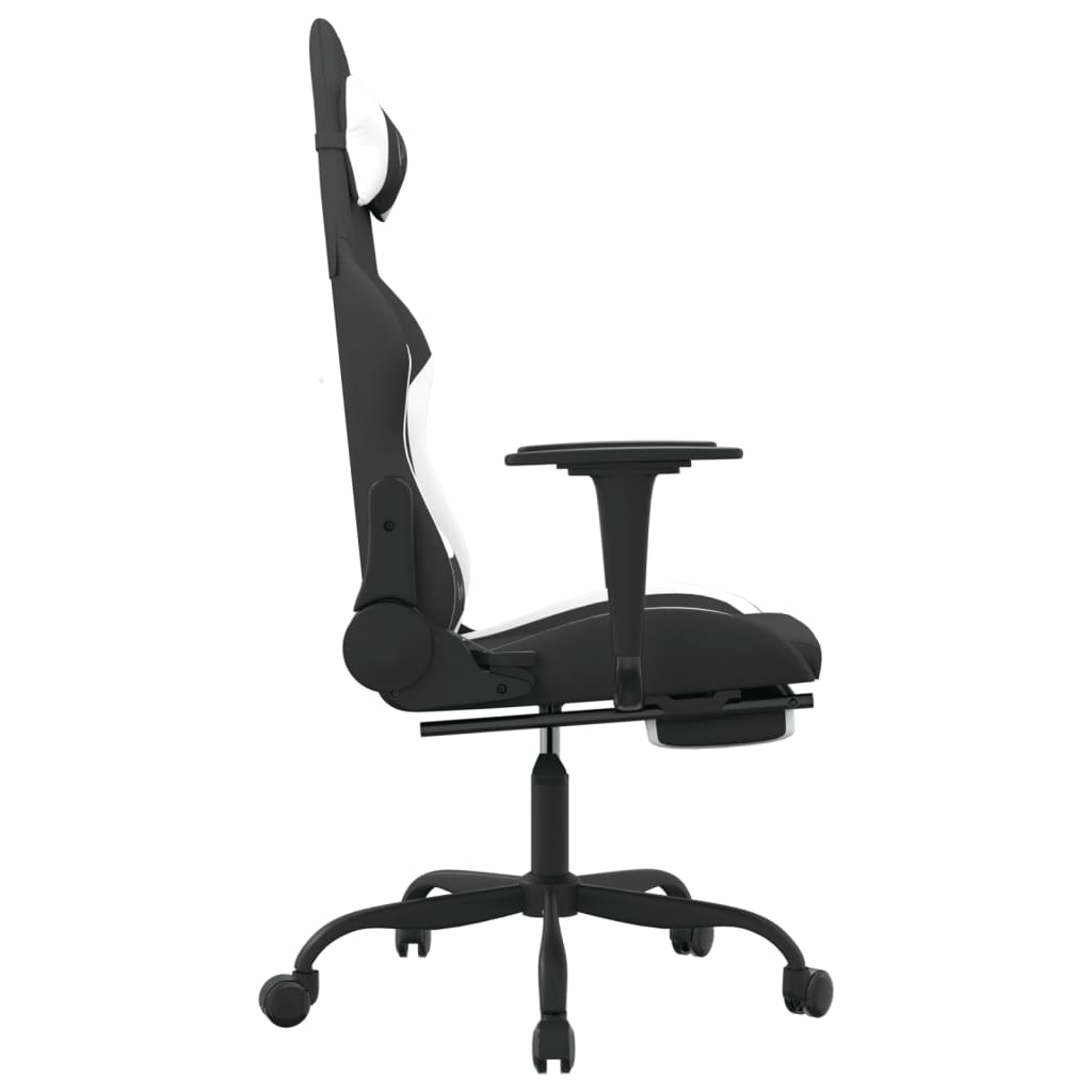 vidaXL Ergonomic Gaming Chair with Footrest – Black and White Fabric, Adjustable Recline, 360-degree Swivel - BEYRUN