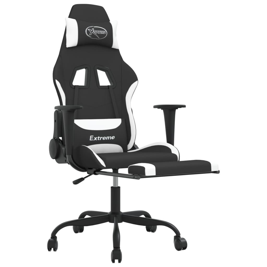 vidaXL Ergonomic Gaming Chair with Footrest – Black and White Fabric, Adjustable Recline, 360-degree Swivel - BEYRUN