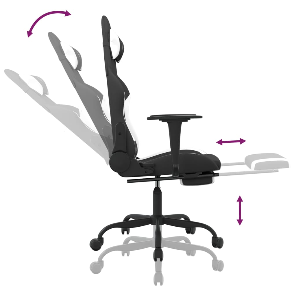 vidaXL Ergonomic Gaming Chair with Footrest – Black and White Fabric, Adjustable Recline, 360-degree Swivel - BEYRUN