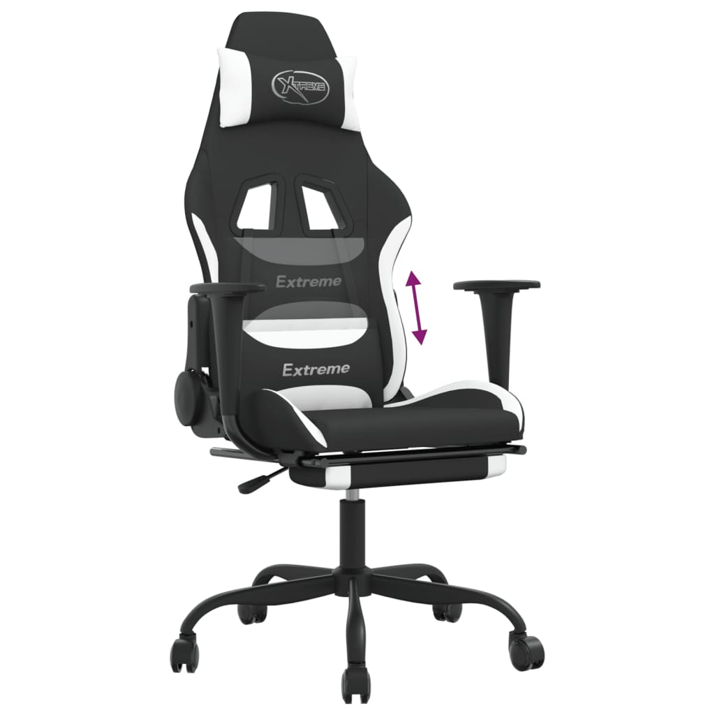 vidaXL Ergonomic Gaming Chair with Footrest – Black and White Fabric, Adjustable Recline, 360-degree Swivel - BEYRUN