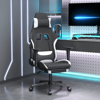 vidaXL Gaming Chair with Footrest - Black & White Fabric - Ergonomic & Adjustable - BEYRUN