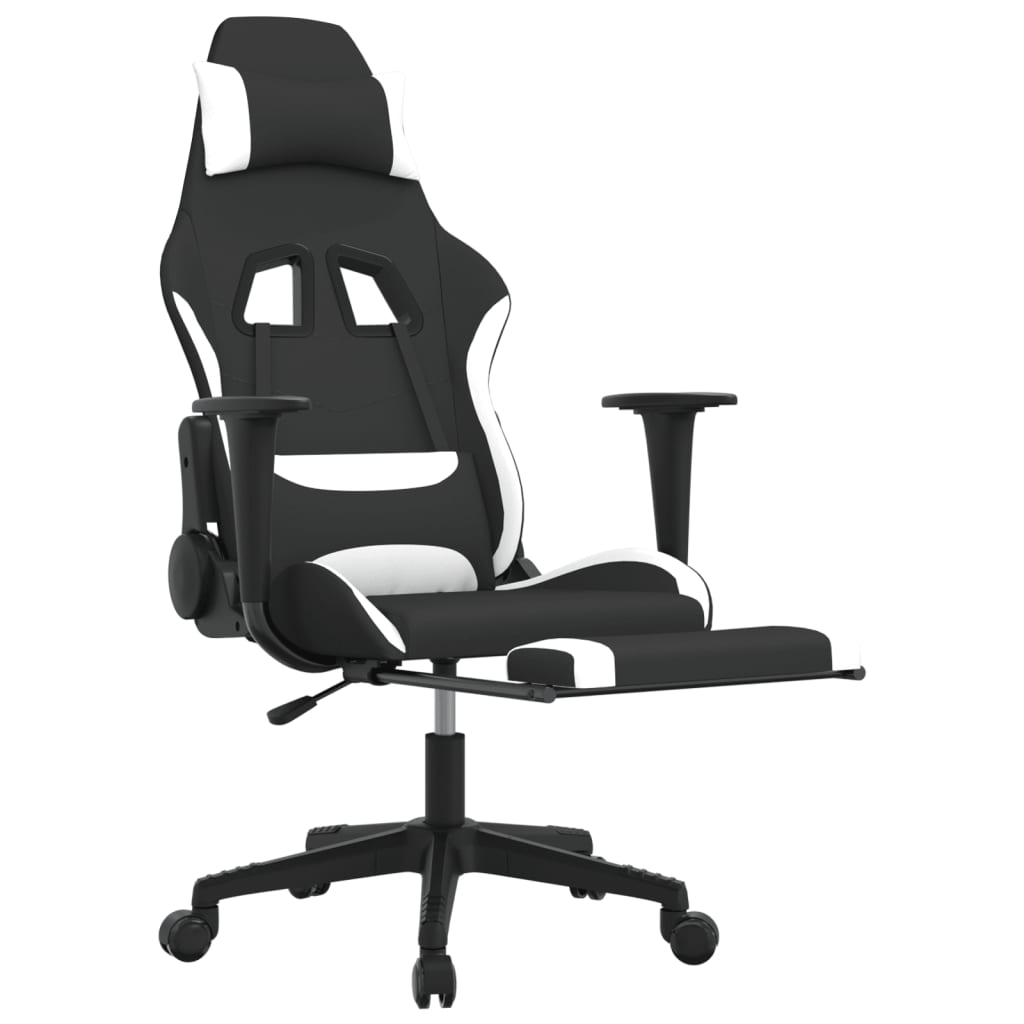 vidaXL Gaming Chair with Footrest - Black & White Fabric - Ergonomic & Adjustable - BEYRUN