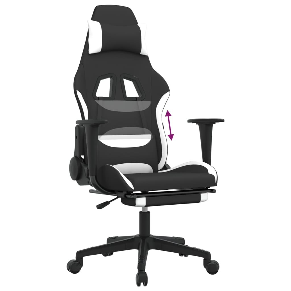 vidaXL Gaming Chair with Footrest - Black & White Fabric - Ergonomic & Adjustable - BEYRUN