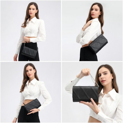 Miss Lulu Stylish Black Twill Clutch - Elegant Retro Chic Leather Chain Evening Bag for Formal Events - BEYRUN