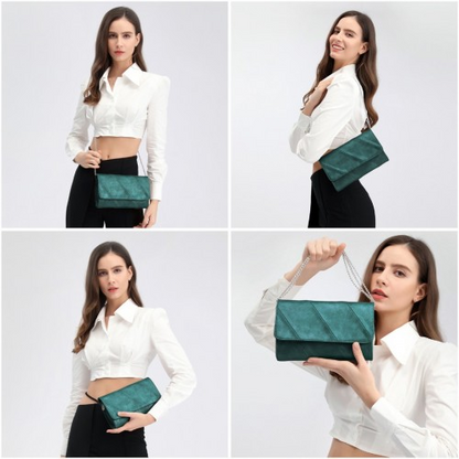 Miss Lulu Elegant Green Twill Clutch Leather Chain Evening Bag - Versatile Handbag for Formal & Casual Occasions - BEYRUN