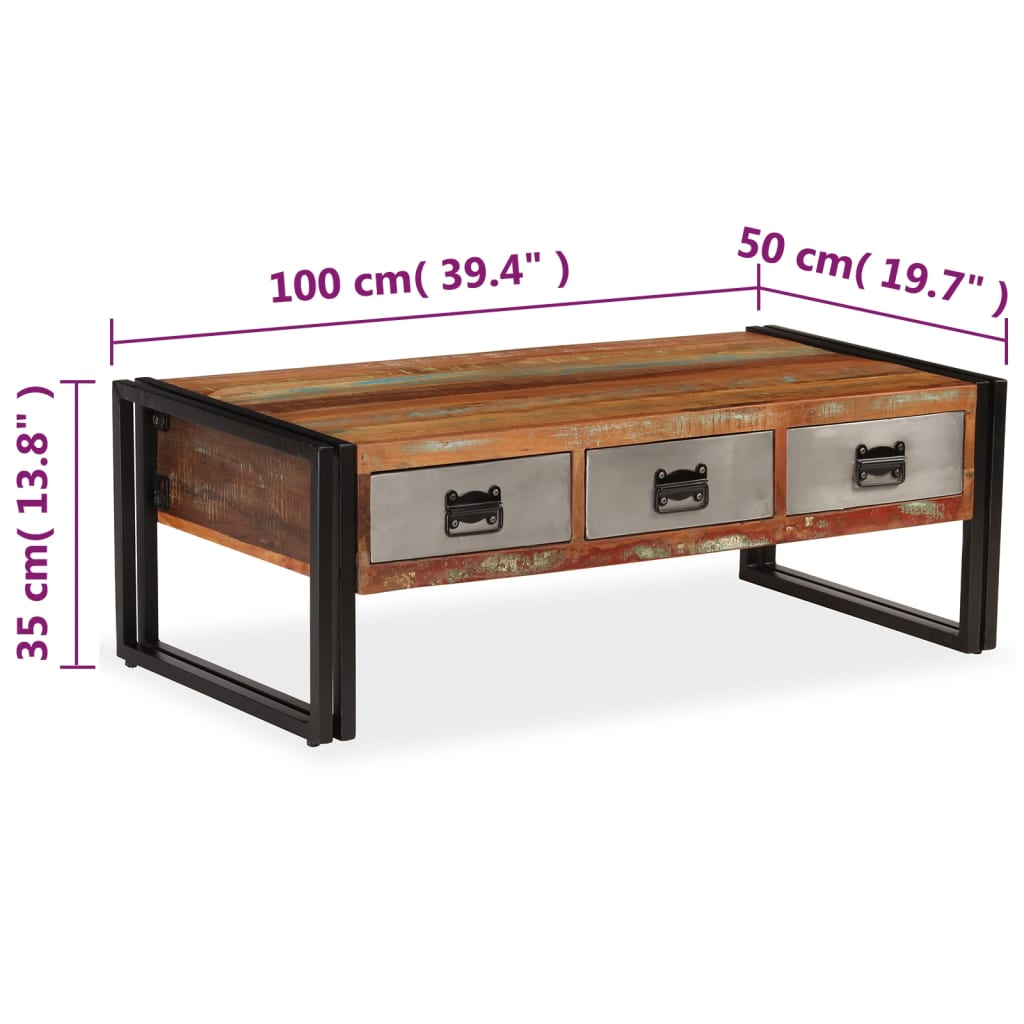 vidaXL Coffee Table with 3 Drawers | Solid Reclaimed Wood | 100x50x35 cm - Vintage Charm for Your Living Room - BEYRUN