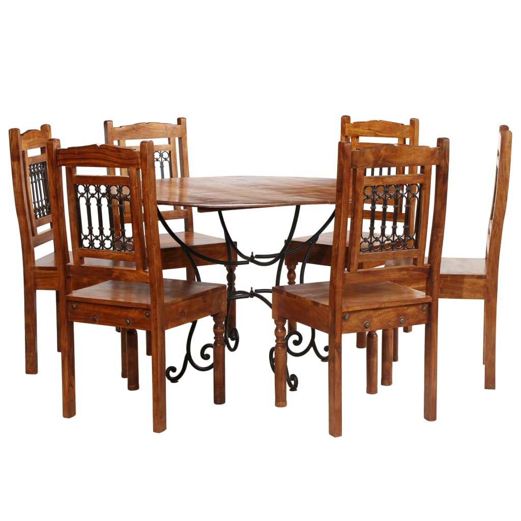 vidaXL 7-Piece Dining Table Set - Solid Acacia Wood & Steel Legs - Modern Rustic Design - BEYRUN