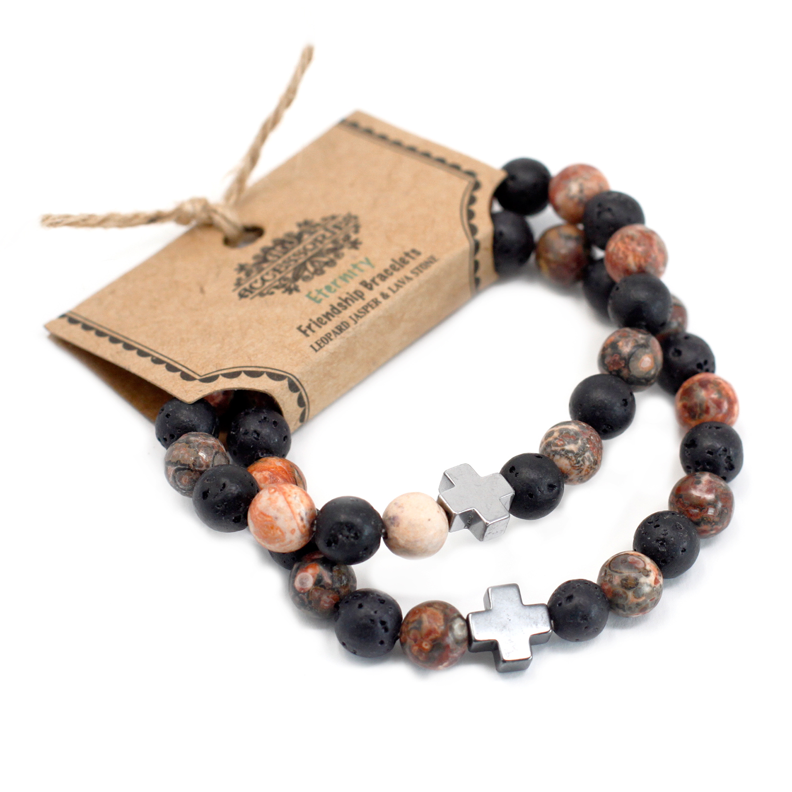 Set of 2 Gemstones Friendship Bracelets - Eternity - Leopard Skin Jasper & Lava Stone - BEYRUN