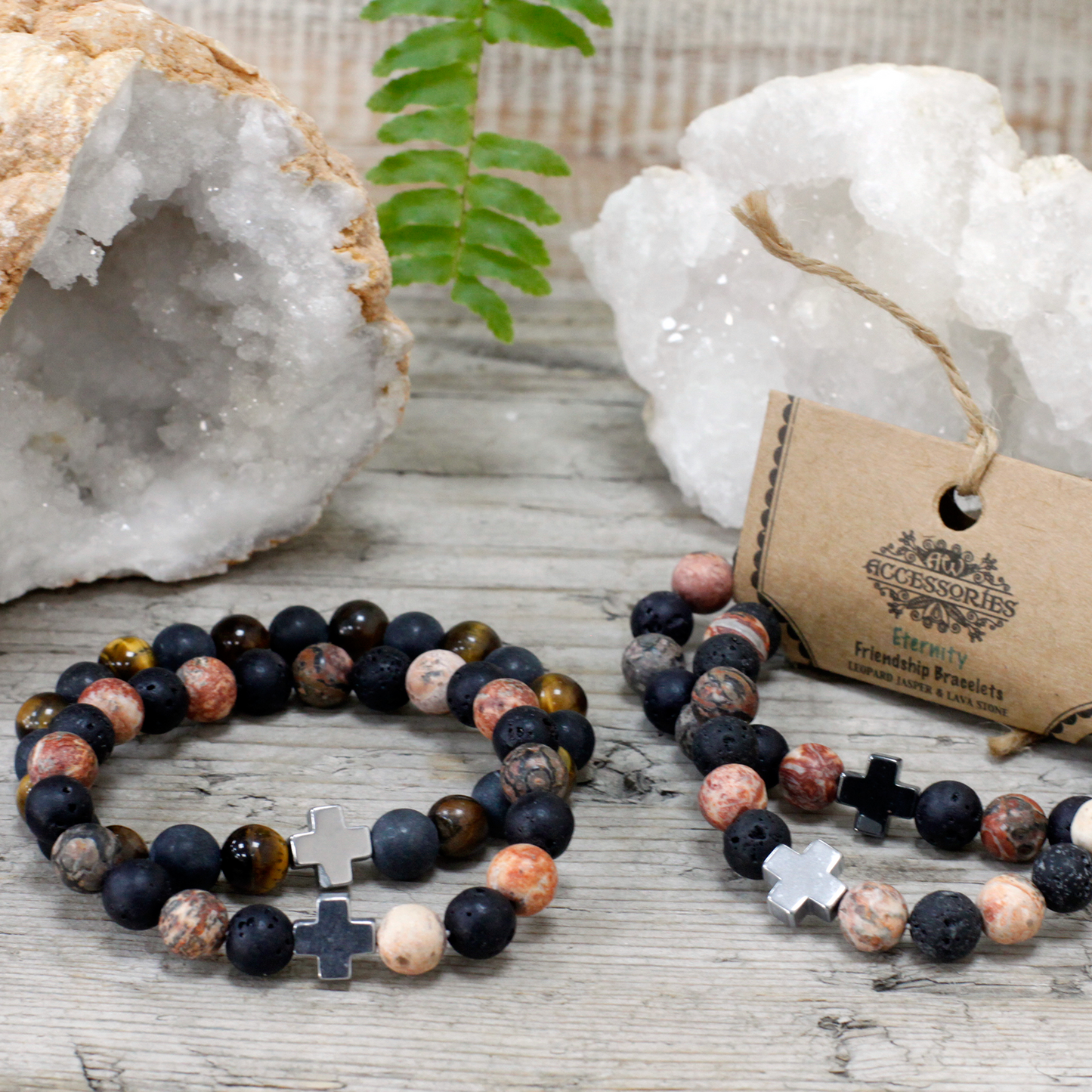 Set of 2 Gemstones Friendship Bracelets - Eternity - Leopard Skin Jasper & Lava Stone - BEYRUN