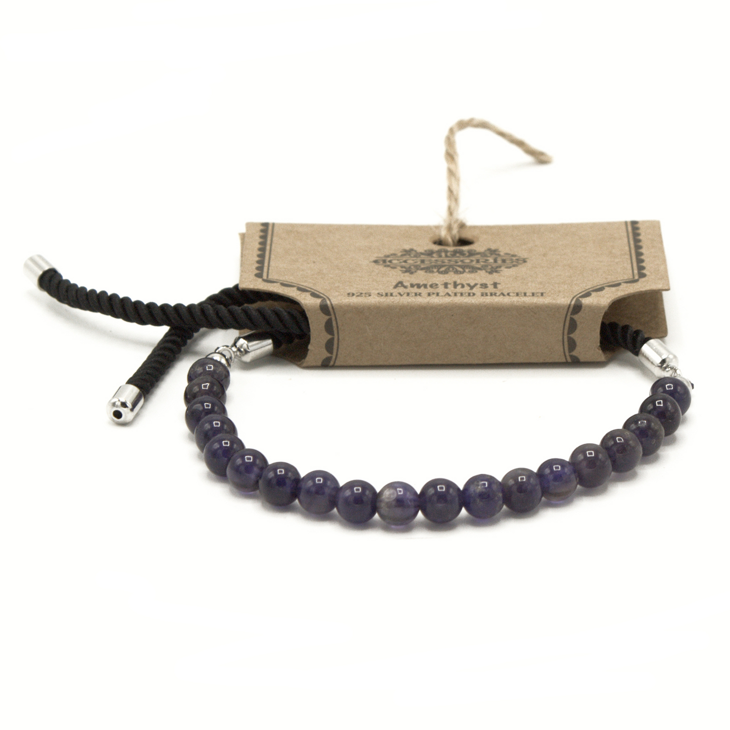 Elegant 925 Silver Plated Amethyst Gemstone Black String Bracelet | Adjustable & Stylish - BEYRUN