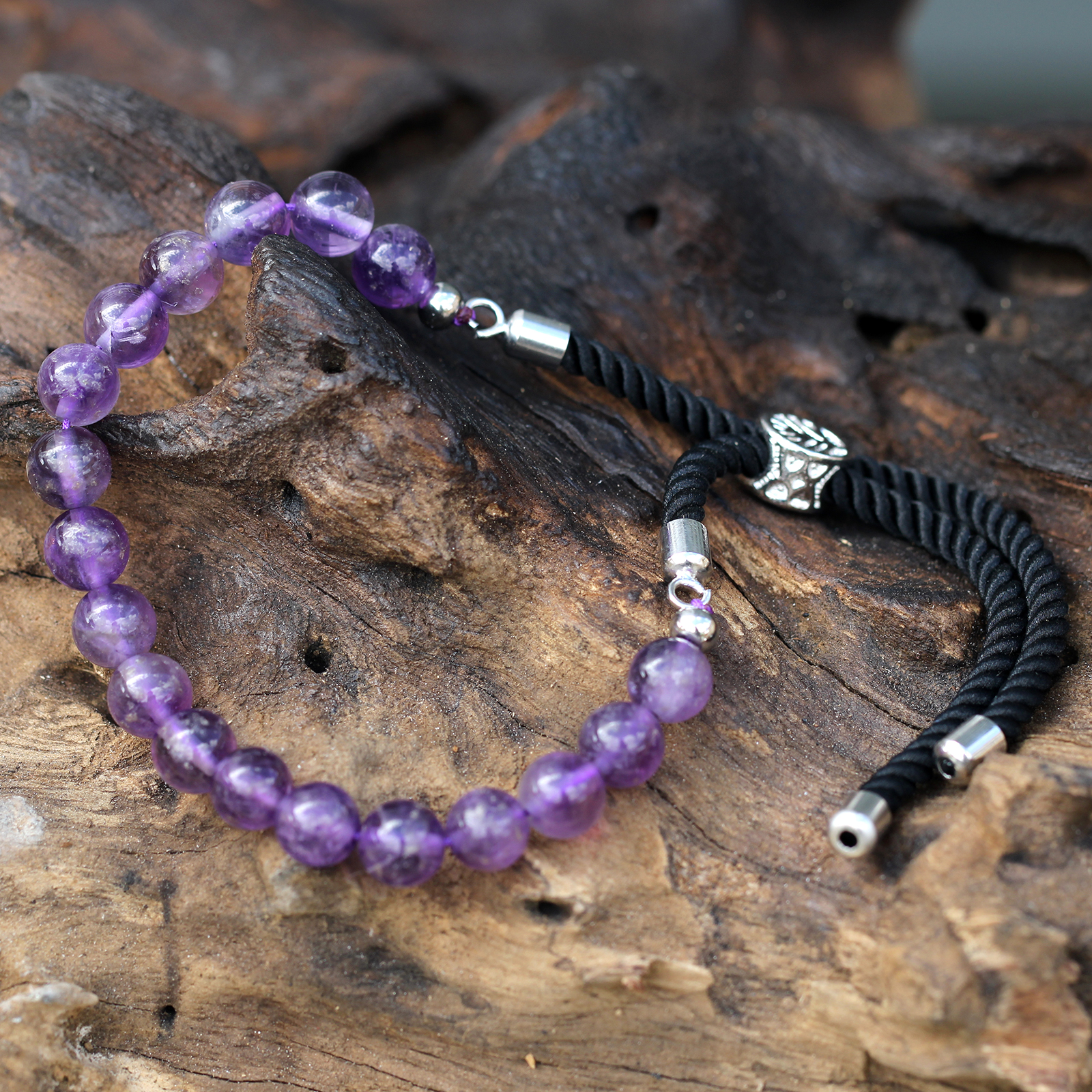 Elegant 925 Silver Plated Amethyst Gemstone Black String Bracelet | Adjustable & Stylish - BEYRUN