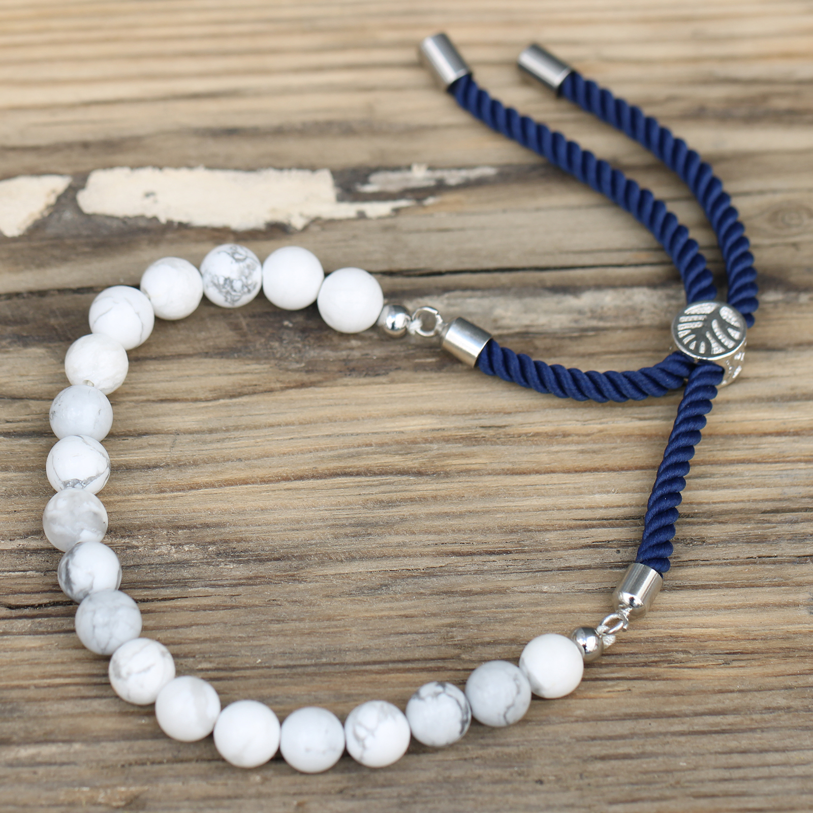 Elegant 925 Silver Plated Navy String Bracelet with White Howlite Gemstone - Adjustable & Chic - BEYRUN