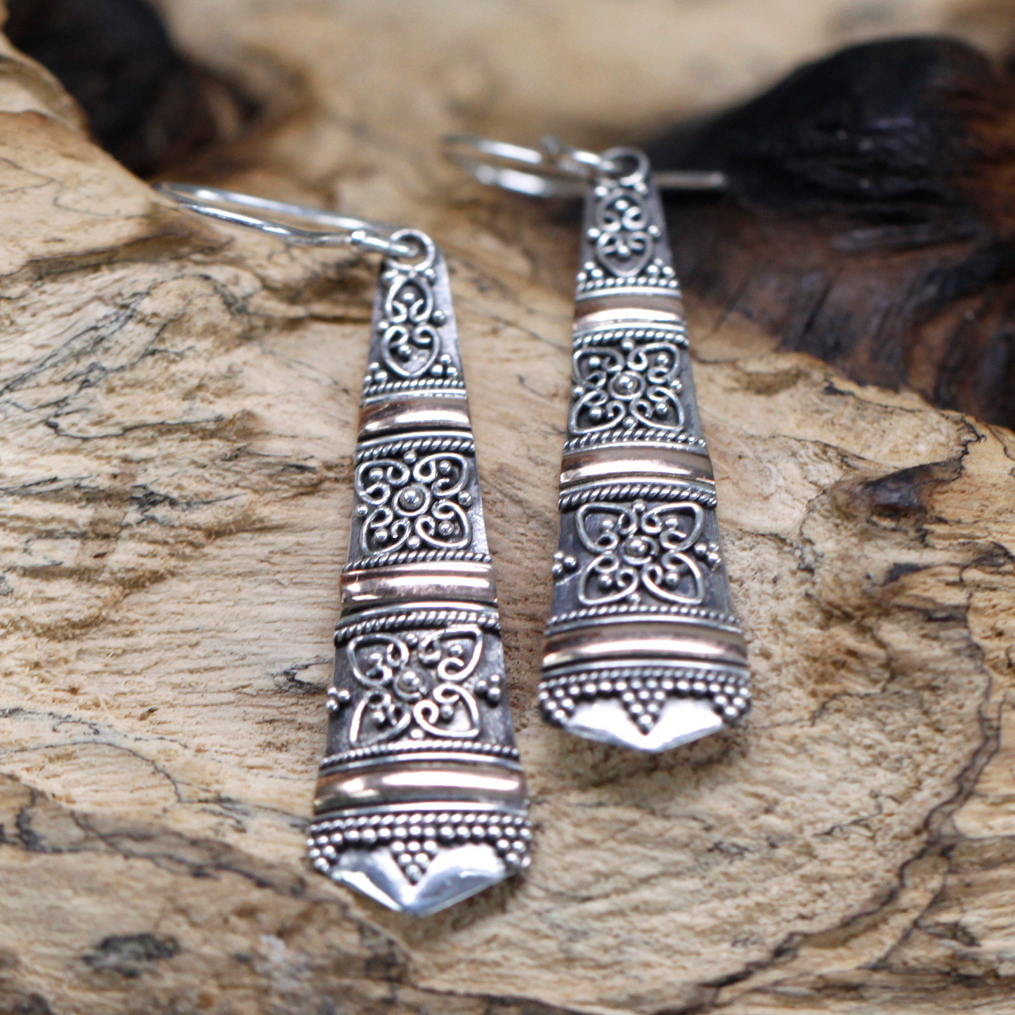 Silver & Gold Earring - Tribal Drops | Exotic Mixed Metal Jewelry