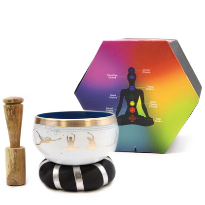 Yoga Moves Singing Bowl Set - White/Blue 10.7cm - Enhance Meditation, Sound Therapy & Mindfulness - BEYRUN