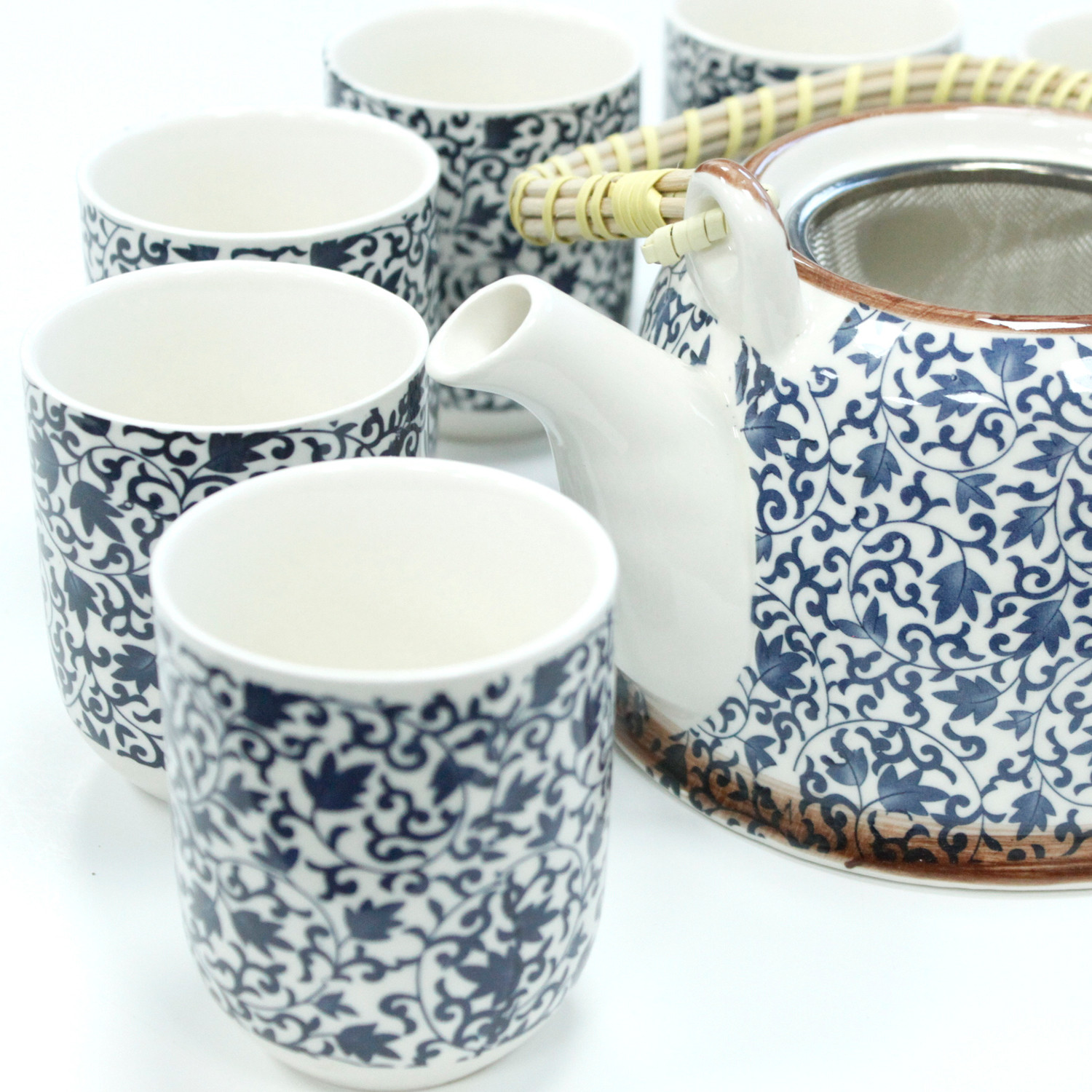 Elegant Blue Pattern Herbal Teapot Set with Infuser & Six Ceramic Cups - Perfect Gift for Tea Lovers - BEYRUN