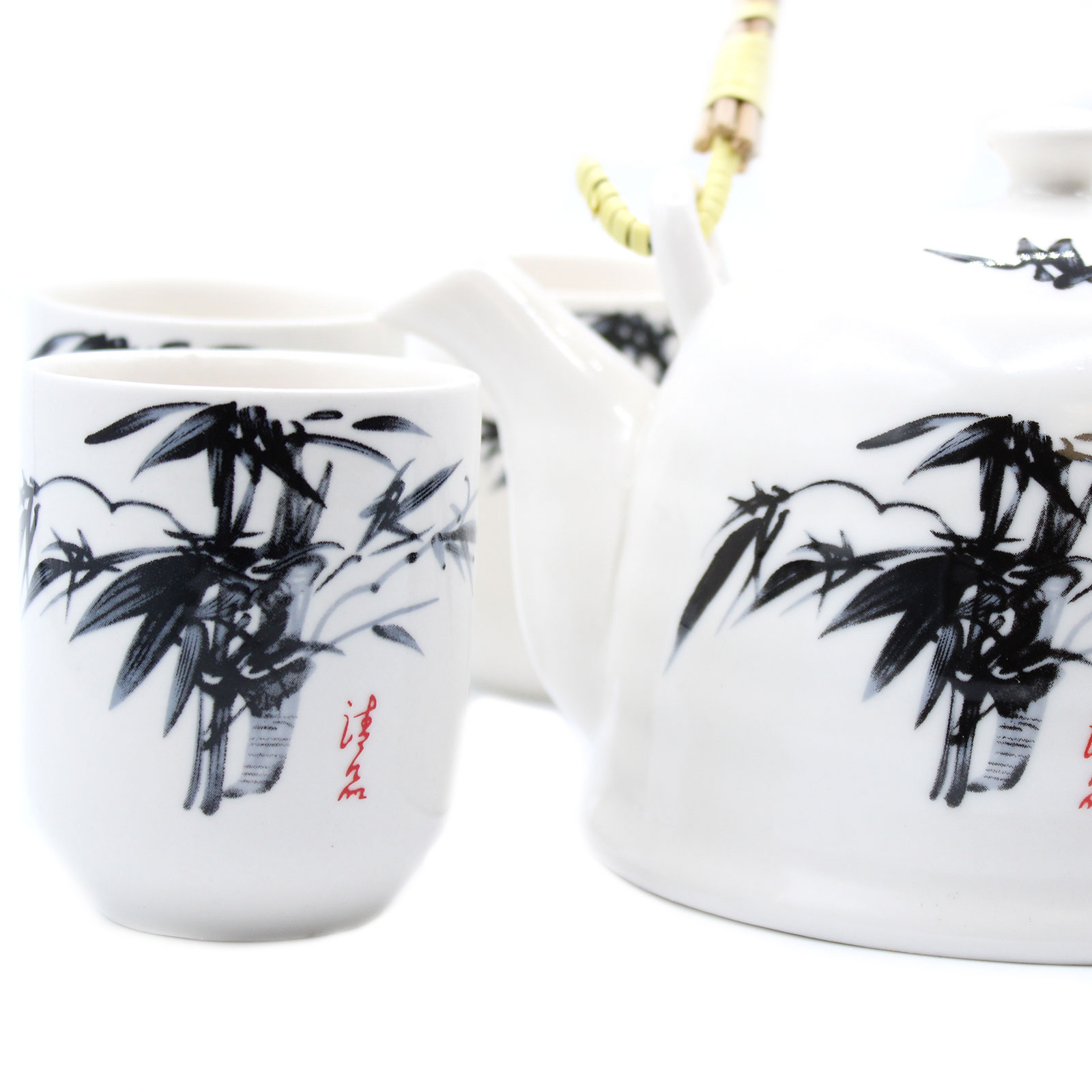 Herbal Teapot Set - White Stone Oriental | Elegant Ceramic Teapot with Strainer & 6 Matching Cups - Perfect Gift for Tea Lovers - BEYRUN