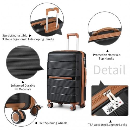 British Traveller 24-Inch Polypropylene Hard Shell Suitcase with TSA Lock - Durable & Stylish Black Luggage - BEYRUN