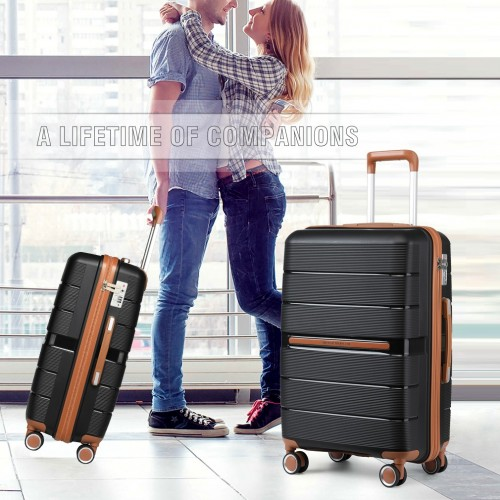 British Traveller 24-Inch Polypropylene Hard Shell Suitcase with TSA Lock - Durable & Stylish Black Luggage - BEYRUN